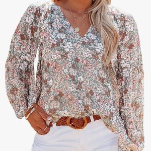 Eytino Women Plus Size Boho Floral Print VNeck Long Sleeve Chiffon Blouse Shirts